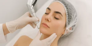 Mulher realizando tratamento facial com Laser CO2 Fracionado na Clínica Fisioderme em Brasília.