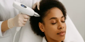 Profissional aplicando intradermoterapia pressurizada sem agulhas no couro cabeludo de uma paciente em clínica estética moderna
