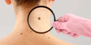 Paciente sorridente após tratamento seguro de remoção de pintas na Clínica Fisioderme